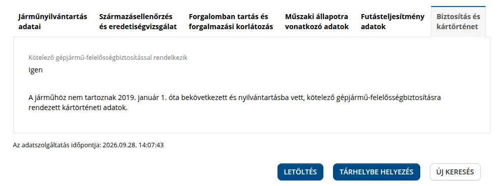 JSZP Biztosítás és kártörténet fül: érvényes kötelező biztosítás és 2019 óta nincs KGFB-kártörténet