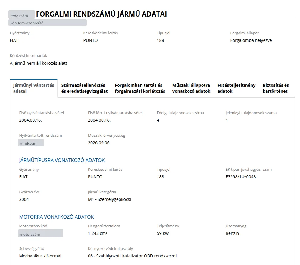 JSZP találati oldal, Járműnyilvántartás adatai fül: tulajdonosok száma, műszaki érvényesség, motoradatok (rendszám és motorszám kitakarva)